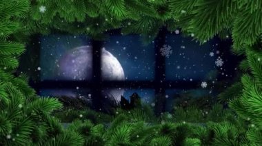 Dolunayda yağan karlar ve Noel Baba 'nın kızağı, pencere çerçevesi ve Noel ağacı sınırında oluşan animasyon. Noel, kış, şenlik, gelenek ve dijital olarak üretilen video konsepti.