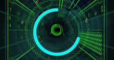 Siyah arkaplandaki şekiller üzerinde veri işleme animasyonları. Küresel teknoloji, bilgisayar ve dijital arayüz kavramı dijital olarak oluşturulmuş video.