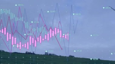 Rüzgar türbini üzerinde istatistik ve veri işleme animasyonu. Küresel rüzgar enerjisi, çevre, sürdürülebilirlik, hesaplama ve veri işleme kavramı dijital olarak oluşturulmuş video.