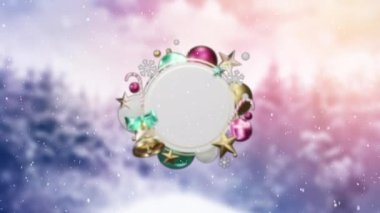 Kış manzarasında beyaz dairesel tabelanın etrafına düşen kar animasyonu. Noel, kış, şenlik, gelenek ve dijital olarak üretilen video konsepti.
