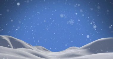 Mavi gökyüzüne ve kış manzarasına düşen beyaz Noel kar tanelerinin animasyonu. Noel, kış, şenlik, gelenek ve dijital olarak üretilen video konsepti.