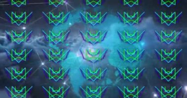 Neon şekiller üzerinde veri işleme animasyonu. Küresel iş ve dijital arayüz kavramı dijital olarak oluşturulmuş video.