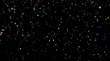 Konfetilerin düşüşüyle ilgili siyah arkaplan animasyonu. Sosyal medya, noel ve dijital arayüz konsepti dijital olarak oluşturulmuş video.