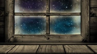 Ahşap pencere çerçevesi animasyonu. Noel 'de kar yağıyor ve dışarıda yıldız kayıyor. Noel, kış, şenlik, gelenek ve dijital olarak üretilen video konsepti.