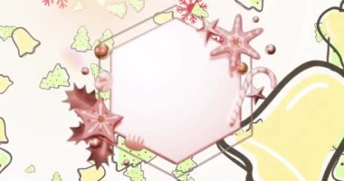 Beyaz arka planda düşen noel süslemeleri üzerine altıgen beyaz tabela animasyonu. Noel, kış, selamlama, şenlik, gelenek ve dijital olarak üretilen video konsepti.