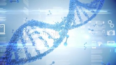 DNA ipliği üzerinde veri işleme animasyonu. küresel iş ve dijital arayüz kavramı dijital olarak oluşturulmuş video.