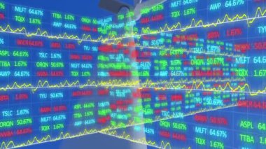 Rüzgar türbini üzerinde istatistik ve veri işleme animasyonu. Rüzgar enerjisi, çevre, sürdürülebilirlik, hesaplama ve veri işleme kavramı dijital olarak oluşturuldu.
