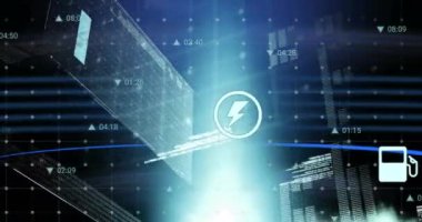 Ortam simgeleri üzerinde veri işleme animasyonu. Küresel iş ve dijital arayüz kavramı dijital olarak oluşturulmuş video.