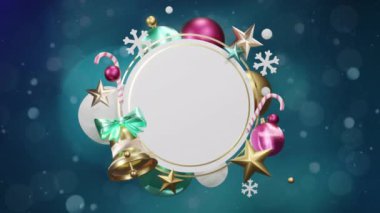 Kar ve mavi ışıkların üzerindeki boş beyaz dairesel tabelanın etrafındaki Noel süslerinin animasyonu. Noel, kış, şenlik, gelenek ve dijital olarak üretilen video konsepti.