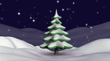Kış manzarasında dönen Noel ağacının üzerine düşen karın animasyonu. Noel, kış, şenlik, gelenek ve dijital olarak üretilen video konsepti.