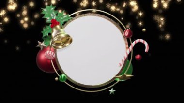 Siyah üzerine parlayan kar tanelerinin üzerindeki boş beyaz dairesel tabelanın etrafındaki Noel süslerinin canlandırması. Noel, kış, şenlik, gelenek ve dijital olarak üretilen video konsepti.