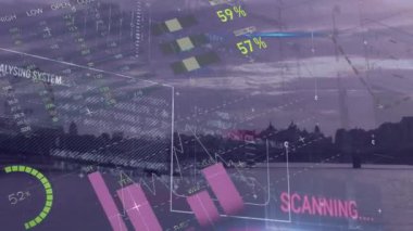 Manzara üzerinde istatistik ve veri işleme animasyonu. Küresel veri işleme ve bağlantılar konsepti dijital olarak oluşturulmuş video.