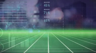 Mavi arkaplan ile yeşil şebeke üzerinden istatistiksel veri işleme animasyonu. Bilgisayar arayüzü ve iş teknolojisi kavramı