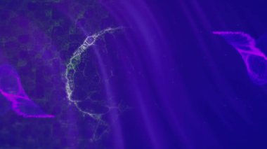 Mavi arka planda mor şekiller üzerinde dijital beyin animasyonu. Bilim ve dijital arayüz kavramı dijital olarak oluşturulmuş video.