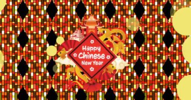 Mutlu Çin Yeni Yıl metni üzerine Çin dekorasyonları animasyonu. Noel, kutlama ve dijital arayüz kavramı dijital olarak oluşturulmuş video.