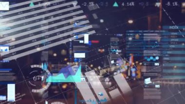 Gece trafiğine karşı istatistiksel veri işleme animasyonu. Bilgisayar arayüzü ve iş teknolojisi kavramı