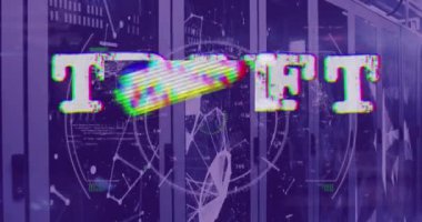 Sunucu odasında bağlantı ağı olan satış metninin animasyonu. Küresel teknoloji, sosyal medya ve dijital arayüz kavramı dijital olarak oluşturulmuş video.