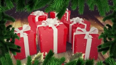 Kırmızı hediyelerin üzerine düşen kar animasyonu, Noel ağacı sınırlarıyla. Noel, kış, şenlik, gelenek ve dijital olarak üretilen video konsepti.