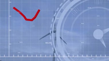 Rüzgar türbinleri üzerinde kırmızı çizgi, saat ve veri işleme animasyonu. Rüzgar enerjisi, çevre, sürdürülebilirlik, hesaplama ve veri işleme kavramı dijital olarak oluşturuldu.