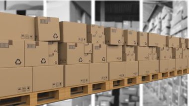 Depoda hareket eden kutuların animasyonu. Küresel dağıtım ve dijital arayüz kavramı dijital olarak oluşturulmuş video.