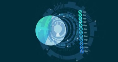 Siyah arkaplan üzerinden tarama ve veri işleme animasyonu. Küresel iş, bilgisayar ve dijital arayüz kavramı dijital olarak oluşturulmuş video.