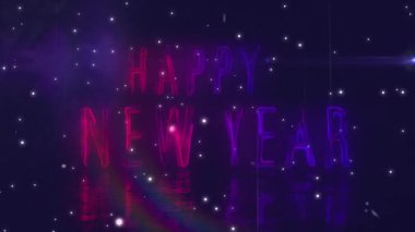 Yeni yıl metninin üzerine düşen kar animasyonu. Noel, kutlama ve dijital arayüz kavramı dijital olarak oluşturulmuş video.