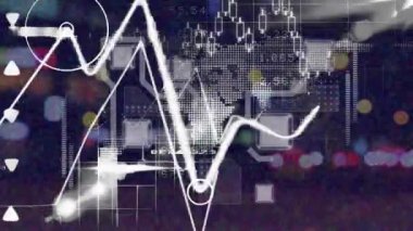 Odak ışıkları dışında istatistik ve veri işleme animasyonları. Küresel veri işleme ve bağlantılar konsepti dijital olarak oluşturulmuş video.