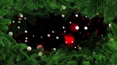 Altın kar tanelerinin ve Noel ağacı sınırında parlayan kırmızı beyaz ışık toplarının animasyonu. Noel, kış, şenlik, gelenek ve dijital olarak üretilen video konsepti.