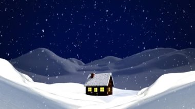 Kış gecesi manzarasında aydınlatılmış evin üzerine düşen Noel karının animasyonu. Noel, kış, şenlik, gelenek ve dijital olarak üretilen video konsepti.