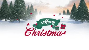 Mutlu noel metni üzerinden köknar ağaçlarının animasyonu. Noel, kutlama ve dijital arayüz kavramı dijital olarak oluşturulmuş video.