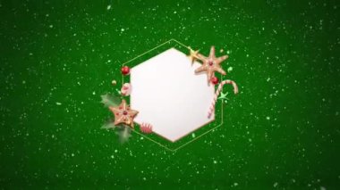 Yeşil arka planda beyaz altıgen tabelanın etrafına düşen kar animasyonu. Noel, kış, şenlik, gelenek ve dijital olarak üretilen video konsepti.