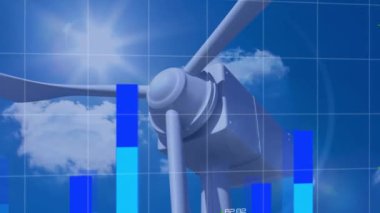 Rüzgar türbini üzerinde istatistik ve veri işleme animasyonu. Küresel rüzgar enerjisi, çevre, sürdürülebilirlik, hesaplama ve veri işleme kavramı dijital olarak oluşturulmuş video.