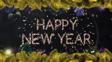 Renkli havai fişekler, kar taneleri ve yılbaşı ağacı kenarlı mutlu yeni yıl metinlerinin animasyonu. Noel, yeni yıl, şenlik, gelenek ve dijital olarak üretilen video konsepti.
