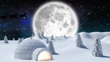 Dolunayda düşen Noel karının animasyonu, Noel Baba 'nın kızağı ve igloolu kış gecesi sahnesi. Noel, kış, şenlik, gelenek ve dijital olarak üretilen video konsepti.