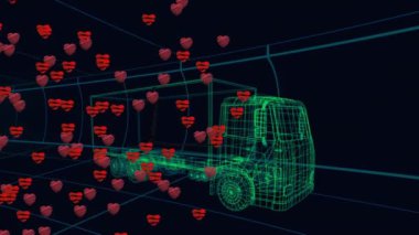 Siyah arka plandaki dijital kamyonun üzerinde kalp ve zarf simgesi canlandırması. Küresel ulaşım ve dijital arayüz kavramı dijital olarak oluşturulmuş video.