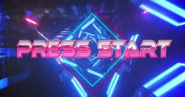 Basın animasyonu, mavi neon ışıkların üzerinde pembe metalik harflerle metne başlıyor. Video oyunu, veri işleme ve dijital olarak oluşturulmuş iletişim konsepti.