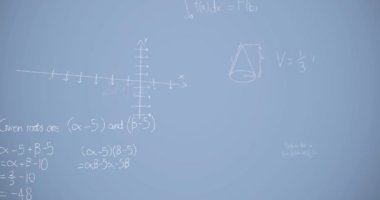 Mavi arkaplan üzerinde matematiksel denklemlerin animasyonu. Küresel eğitim, bilim ve dijital arayüz kavramı dijital olarak oluşturulmuş video.