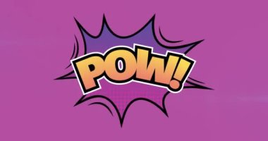 Pembe arkaplandaki retro yıldız konuşma baloncuğu üzerinde pow metin animasyonu. Klasik iletişim, çizgi roman ve renk konsepti dijital olarak oluşturulmuş video.