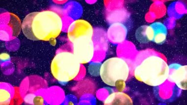 Altın balonların ve çözülmüş pembe ve mavi yılbaşı ışıklarıyla yağan karın animasyonu. Noel, kış, şenlik, gelenek ve dijital olarak üretilen video konsepti.