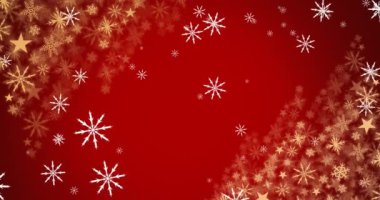 Beyaz Noel kar tanelerinin altın yıldızların üzerine düşüşü ve kırmızı zeminde kar tanelerinin. Noel, kış, şenlik, gelenek ve dijital olarak üretilen video konsepti.