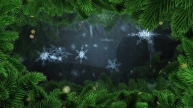 Gece gökyüzüne düşen altın ve beyaz kar tanelerinin animasyonu Noel ağacı sınırıyla birlikte. Noel, kış, şenlik, gelenek ve dijital olarak üretilen video konsepti.
