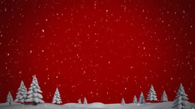 Kırmızı gökyüzüne düşen kar ve kış manzarasında karla kaplı ağaçların animasyonu. Noel, kış, şenlik, gelenek ve dijital olarak üretilen video konsepti.