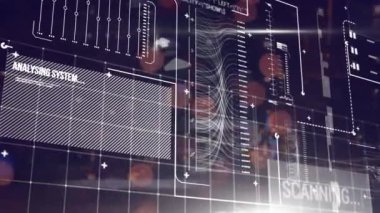 Odak ışıkları dışında ekranlardaki istatistik ve veri işleme animasyonları. Küresel veri işleme ve bağlantılar konsepti dijital olarak oluşturulmuş video.