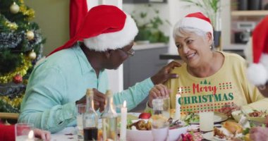 Yılbaşı yemeğinde şapkalı, gülen çeşitli yaşlı çiftler üzerine Mutlu Noeller mesajı. Noel, tatiller, şenlik, gelenek ve dijital olarak üretilen kutlama konsepti.