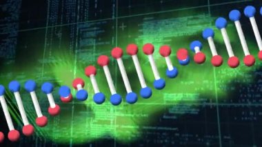 DNA ipliği üzerinde veri işleme animasyonu. küresel iş ve dijital arayüz kavramı dijital olarak oluşturulmuş video.