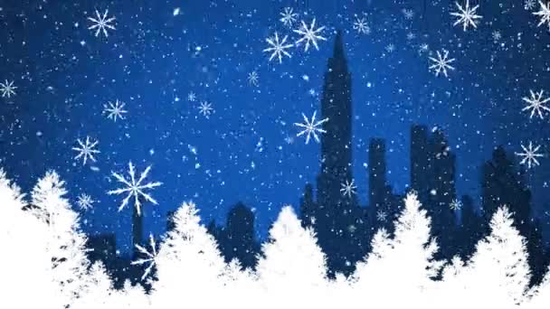 Animación Copos Nieve Blancos Cayendo Cielo Noche Ciudad Navidad Navidad — Vídeos de Stock