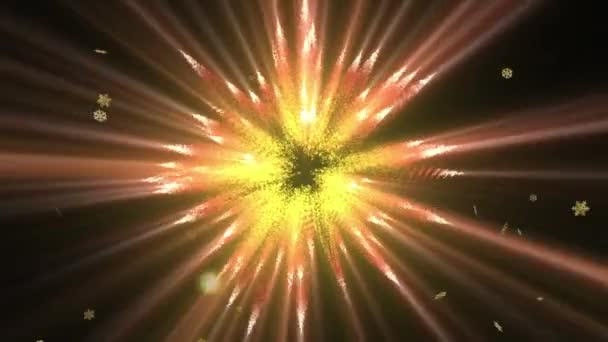 Анімація Золотих Різдвяних Сніжинок Обертаються Жовтими Червоними Променями Світла Різдво — стокове відео