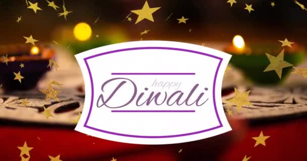 在桌上点燃的蜡烛上 闪烁着金星般的光芒 欢快的迪瓦利灯节 Diwali Seasonal Greetings Tradition Celebration Concept Digital — 图库视频影像