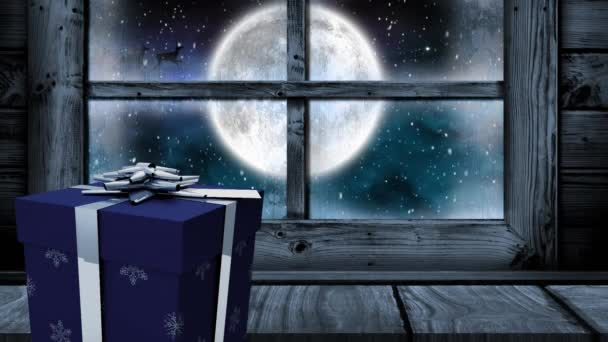 Noel Hediyesi Pencerenin Animasyonu Dışarıda Kar Dolunay Noel Baba Nın — Stok video