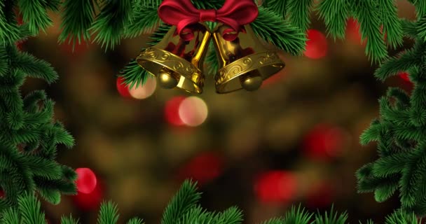 スポットや鐘の上にモミの木のフレームのアニメーション クリスマス お祝いとデジタルインターフェイスの概念デジタル生成ビデオ — ストック動画